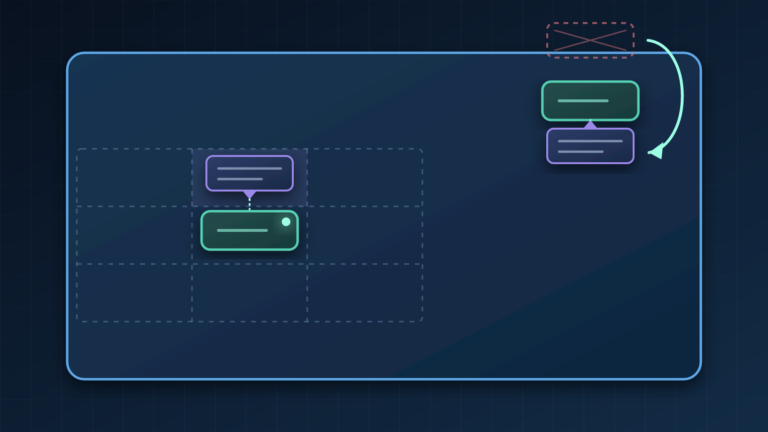 Diagram a CSS anchor positioningról: bal oldalon egy gombhoz rögzített tooltip a 3×3-as position-area rács felső cellájában, jobb oldalon a viewport szélénél a fallback az áthúzott, kilógó pozíció helyett a gomb alá fordítja a buborékot