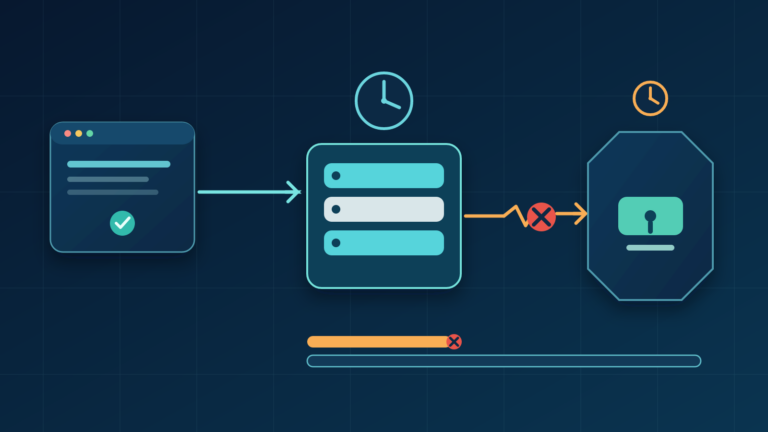 Diagram: kliens kapcsolódik egy load balancerhez, ami továbbítja a kérést egy Node.js szervernek; a load balancer és a szerver közötti kapcsolat eltérő hosszúságú időtúllépés miatt megszakad, amit egy piros X jelez