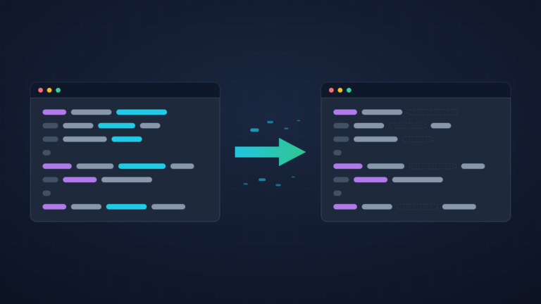 Diagram a Node.js type strippingről: a bal oldali kódablakban típusannotációkkal tarkított TypeScript-kód, a jobb oldaliban ugyanazok a sorok, a típusok helyén üres, szaggatott körvonalú helyekkel