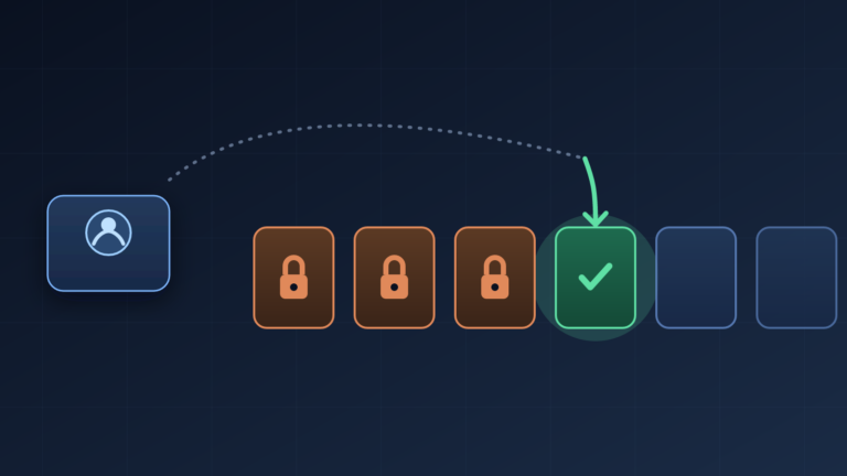 Diagram: egy háttérfolyamat nyíllal átlépi a Postgres sorban a lakattal jelölt, más workerek által már lezárt sorokat, és a legelső szabad, zöld pipával jelölt sort foglalja le.