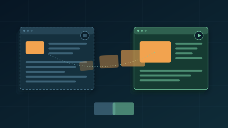 Diagram a View Transitions API működéséről: bal oldalon a régi oldalállapot statikus, megfagyott snapshotja, jobb oldalon az új állapot élő nézete, köztük a nevesített elem áttűnő morph-animációjának útja