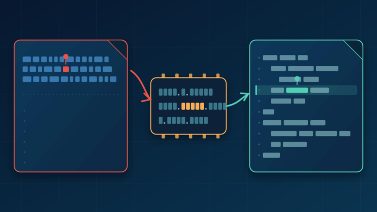 Diagram: bal oldalon egysoros minifikált bundle piros pozíciójelölővel, középen a source map VLQ-szegmenseit jelképező dekóder-chip, jobb oldalon az eredeti forrásfájl zölddel kiemelt sorral